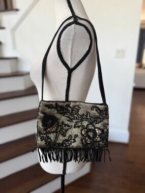 Vintage Y2K Brocade Black Beaded Floral Fringe Baguette Shoulder Bag Whimsygoth